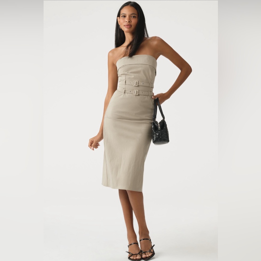 Maeve Strapless Belted Midi Dress in Khaki
